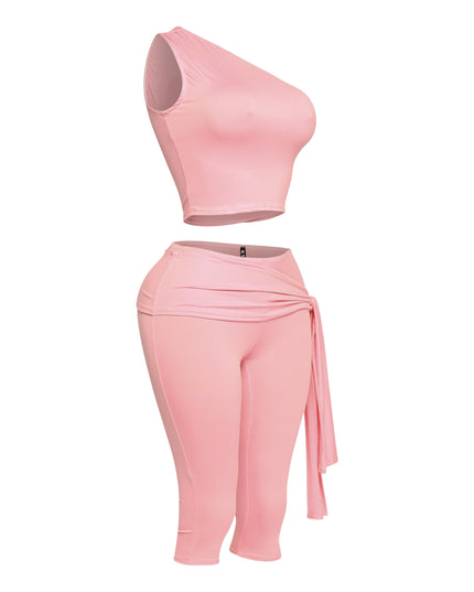 One shoulder tied detailed capri leggings set - Muvin 