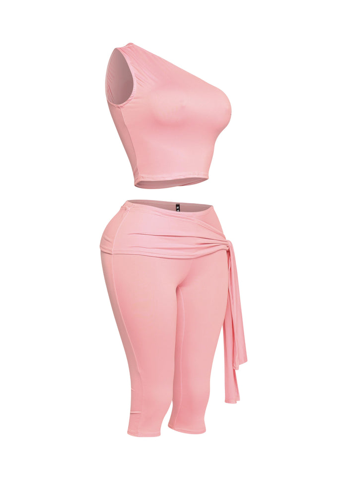 One shoulder tied detailed capri leggings set - Muvin 