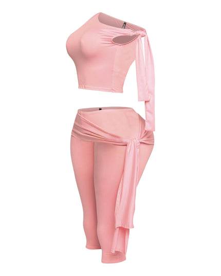 One shoulder tied detailed capri leggings set - Muvin 