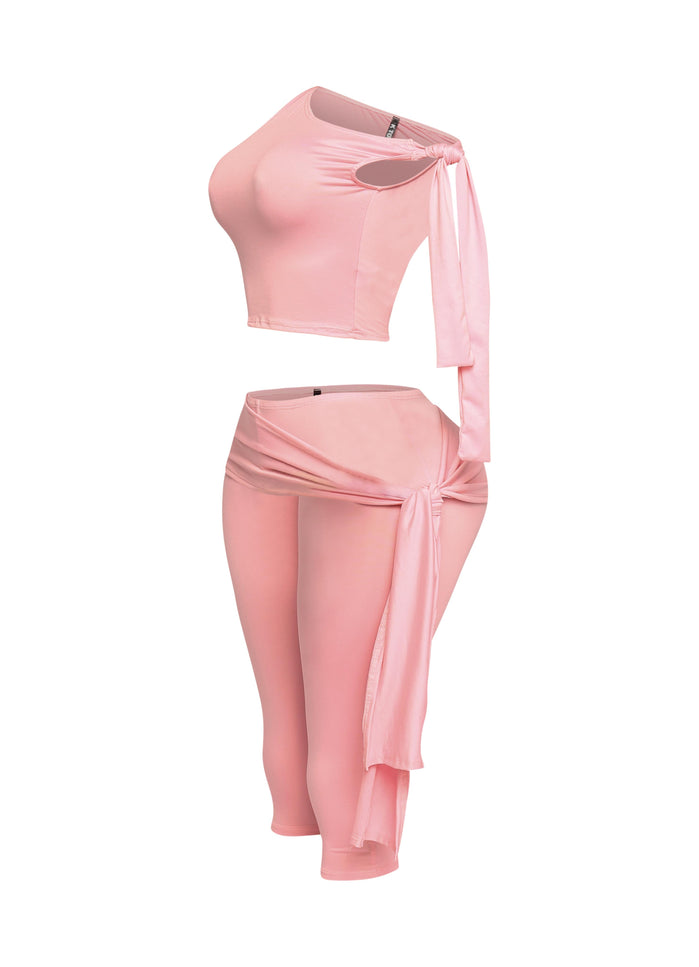 One shoulder tied detailed capri leggings set - Muvin 