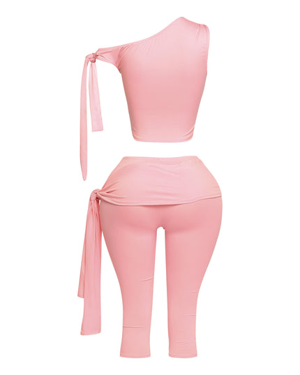 One shoulder tied detailed capri leggings set - Muvin 