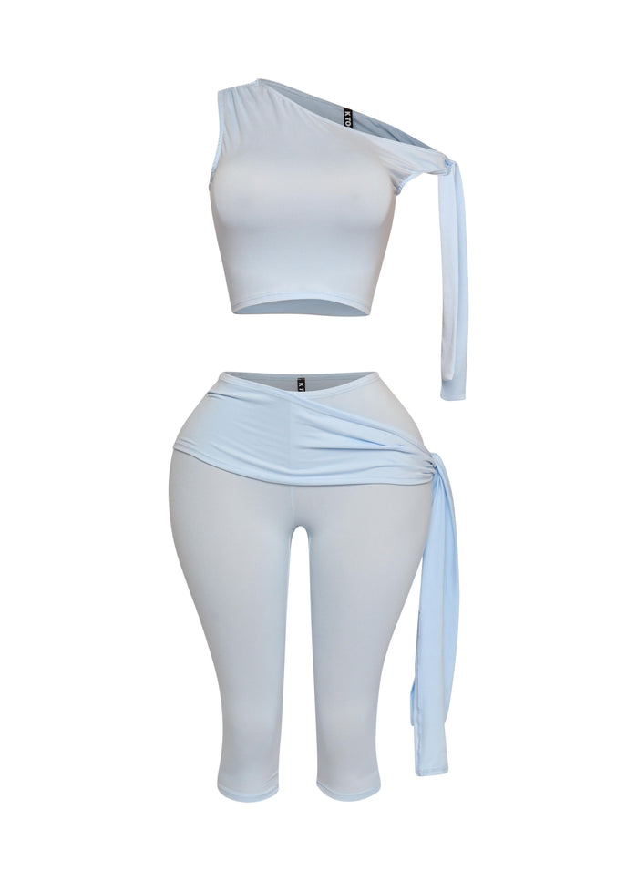 One shoulder tied detailed capri leggings set - Muvin 