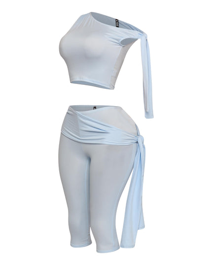 One shoulder tied detailed capri leggings set - Muvin 