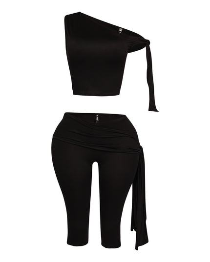 One shoulder tied detailed capri leggings set - Muvin 