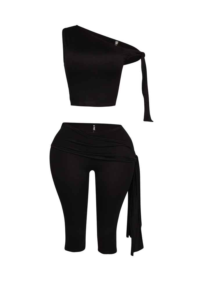 One shoulder tied detailed capri leggings set - Muvin 