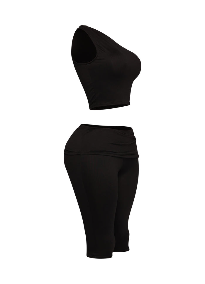 One shoulder tied detailed capri leggings set - Muvin 