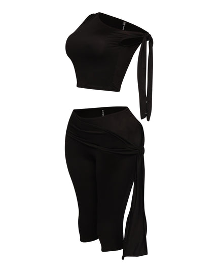 One shoulder tied detailed capri leggings set - Muvin 