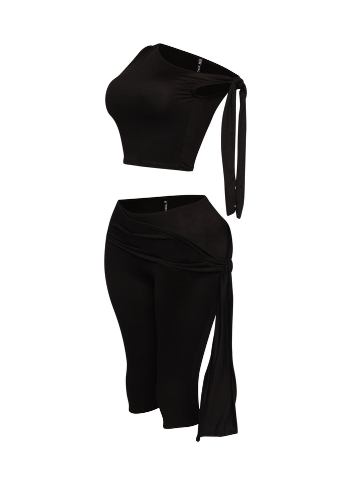 One shoulder tied detailed capri leggings set - Muvin 