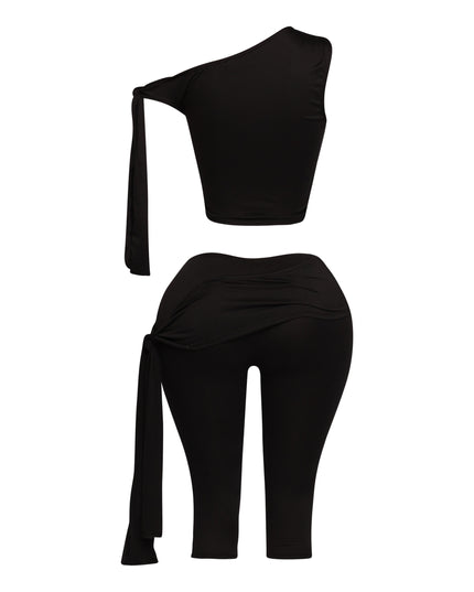 One shoulder tied detailed capri leggings set - Muvin 