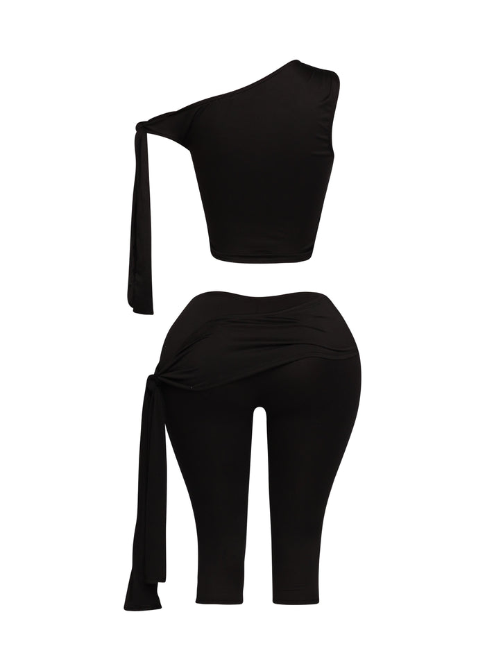 One shoulder tied detailed capri leggings set - Muvin 