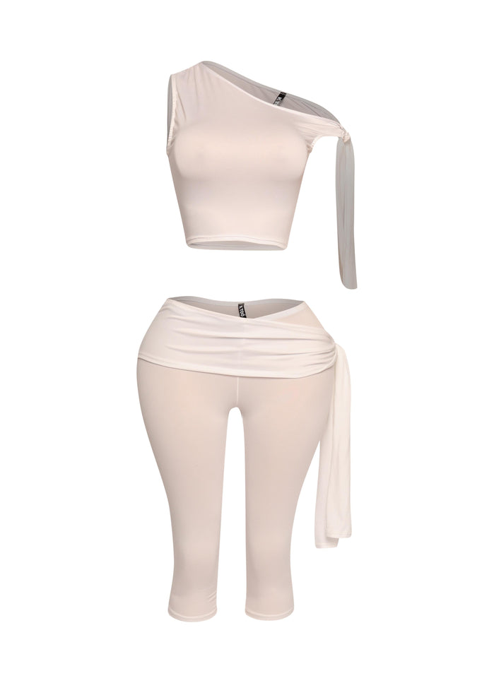 One shoulder tied detailed capri leggings set - Muvin 
