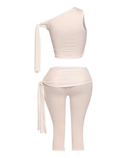 One shoulder tied detailed capri leggings set - Muvin 