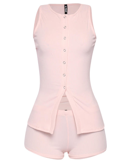 Blush pink ribbed lounge set with fitted tank top and high-waisted shorts