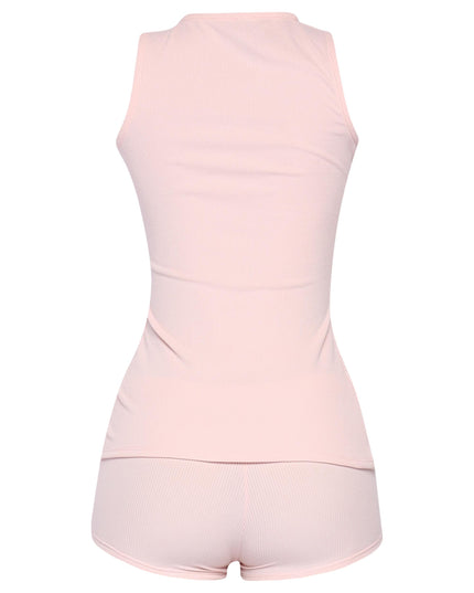  Rib knit pink two-piece with scoop neck top and button detail