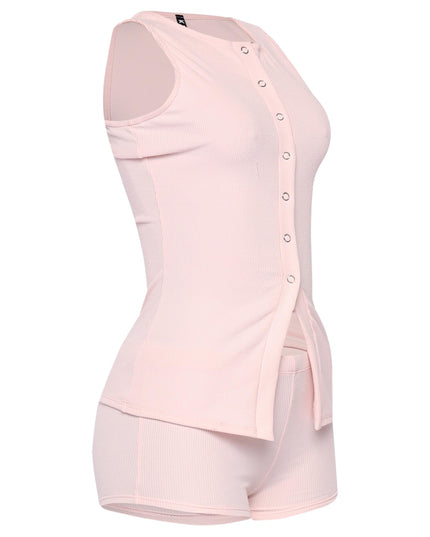 Light pink cotton lounge tank and mini shorts with flattering bodycon fit