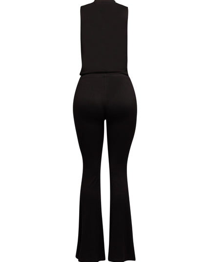Minimal black matching set with plunging neckline and soft flared trousers