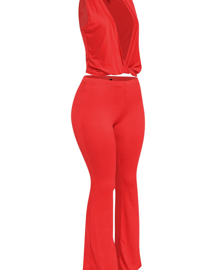 Bold red two-piece set with deep plunge twist top and high-waisted flare pants perfect for going out or elevated lounge looks