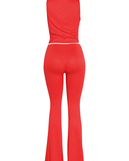Red two-piece outfit with pull-on crop top and long inseam stretch pants