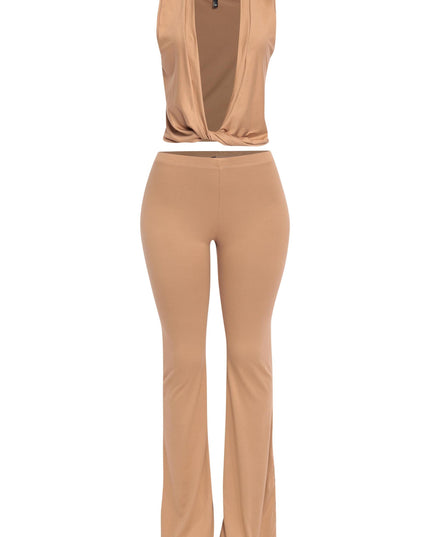 Camel brown twist front top and flare pant set in soft stretch knit