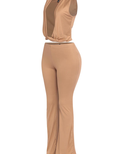 Neutral camel V neck co-ord set with twist detail and sleek flared leg fit