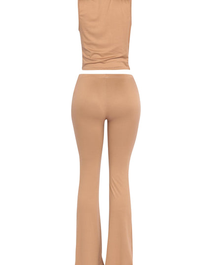Classic camel-toned outfit featuring deep V crop top and curve-hugging bottoms