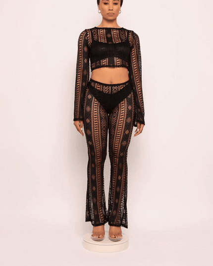 Geo lace sheer flared pant set - Muvin 