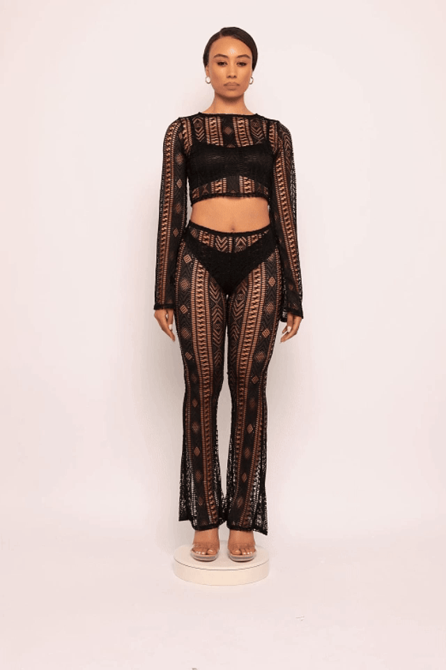 Geo lace sheer flared pant set - Muvin 