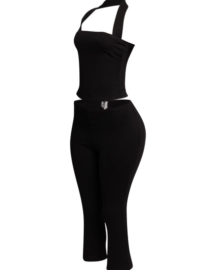 Fashion-forward halter top and capri pant set, offering a modern and flattering silhouette for any stylish occasion.