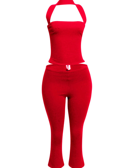Bold red halter top and capri pant set, designed for a striking and confident party look.