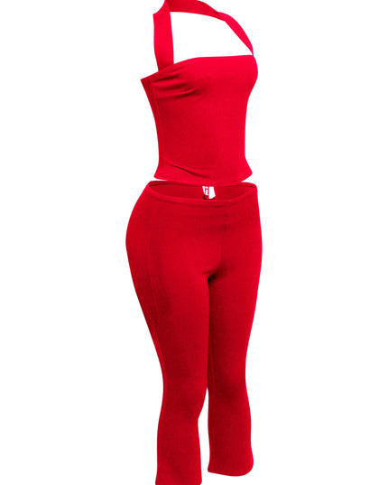 Vibrant red two-piece outfit featuring a halter neck top and cropped capri pants, perfect for making a statement.