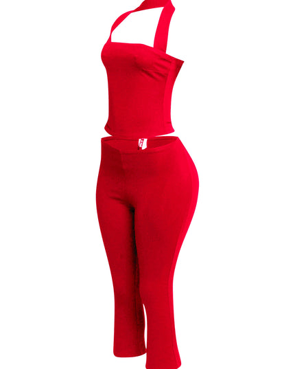Eye-catching red halter top and fitted capri pant set, ideal for chic, standout outfits that turn heads.