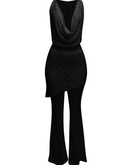 Hooded cowl neck openback lace top and flared pant set - Muvin 