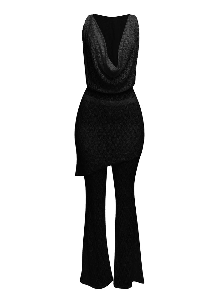 Hooded cowl neck openback lace top and flared pant set - Muvin 