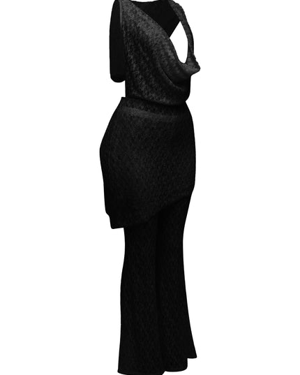 Hooded cowl neck openback lace top and flared pant set - Muvin 