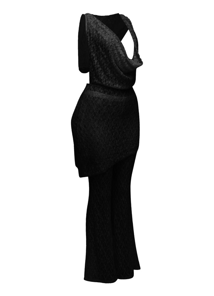 Hooded cowl neck openback lace top and flared pant set - Muvin 