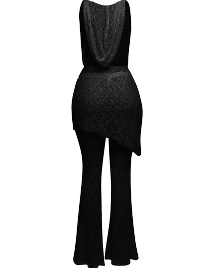 Hooded cowl neck openback lace top and flared pant set - Muvin 