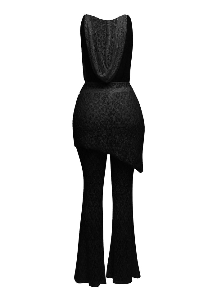 Hooded cowl neck openback lace top and flared pant set - Muvin 