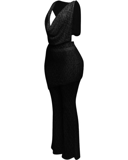 Hooded cowl neck openback lace top and flared pant set - Muvin 
