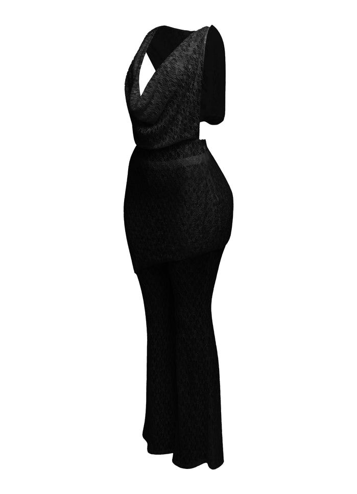 Hooded cowl neck openback lace top and flared pant set - Muvin 