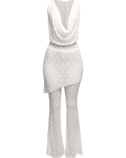 Hooded cowl neck openback lace top and flared pant set - Muvin 