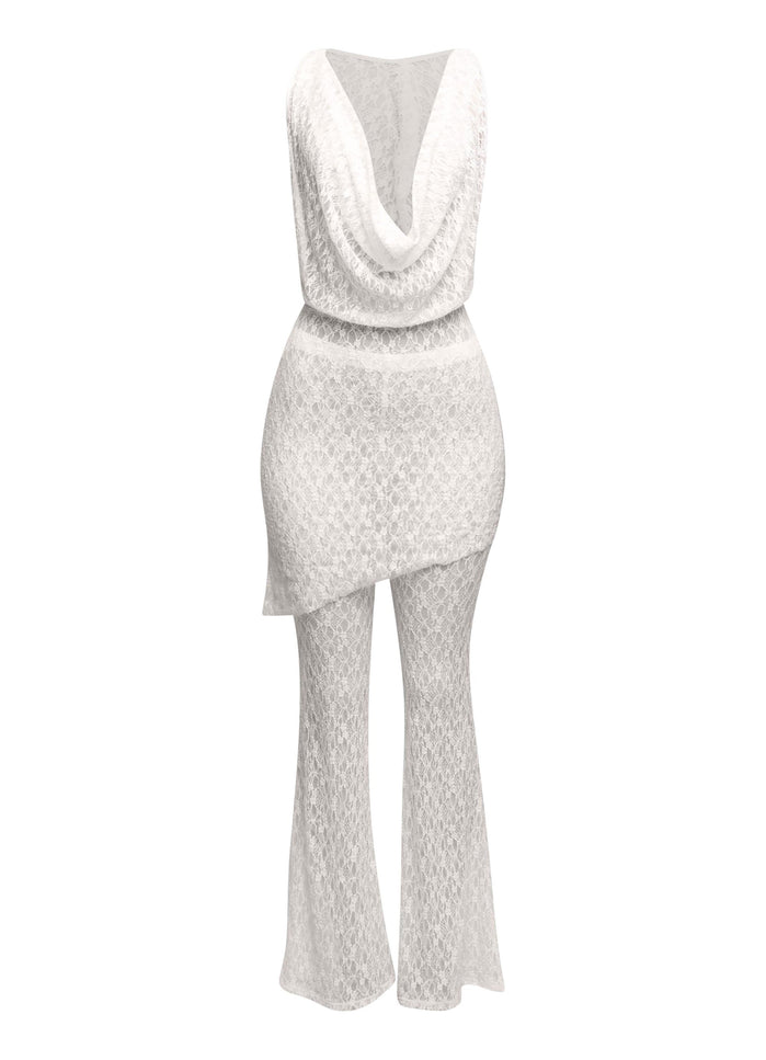 Hooded cowl neck openback lace top and flared pant set - Muvin 