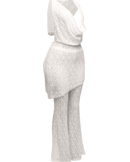 Hooded cowl neck openback lace top and flared pant set - Muvin 