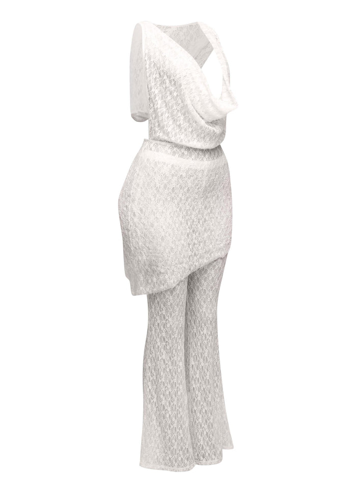 Hooded cowl neck openback lace top and flared pant set - Muvin 