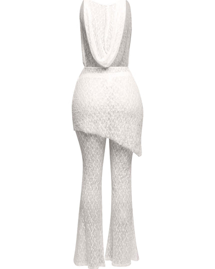 Hooded cowl neck openback lace top and flared pant set - Muvin 