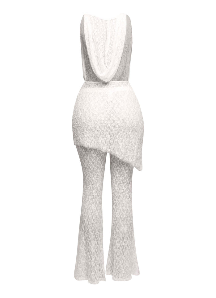Hooded cowl neck openback lace top and flared pant set - Muvin 