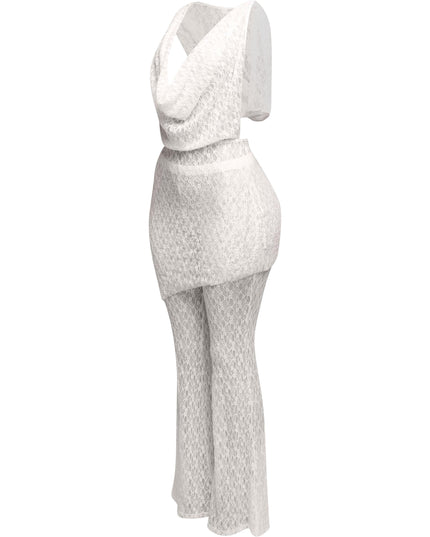 Hooded cowl neck openback lace top and flared pant set - Muvin 