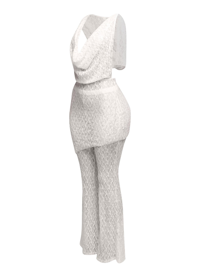 Hooded cowl neck openback lace top and flared pant set - Muvin 