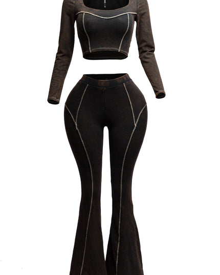 Mineral washed long sleeve crop top & bell bottom pants set - Muvin 