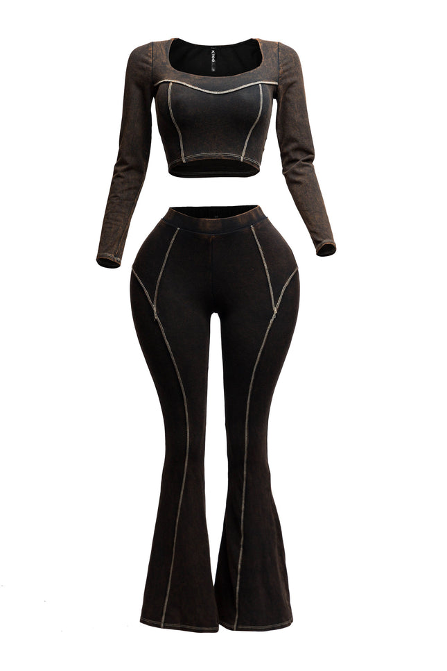 Mineral washed long sleeve crop top & bell bottom pants set - Muvin 