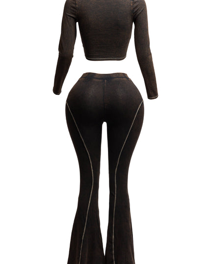 Mineral washed long sleeve crop top & bell bottom pants set - Muvin 